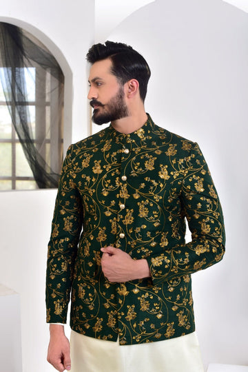 Green Color Golden Embroidered Prince Coat For Men